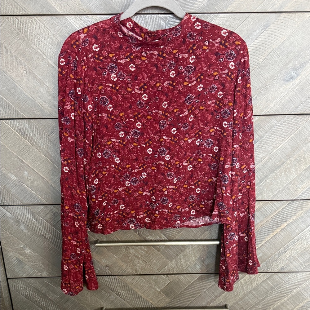 Ten Sixty Sherman Burgundy Floral Mock Neck Long Sleeve Top